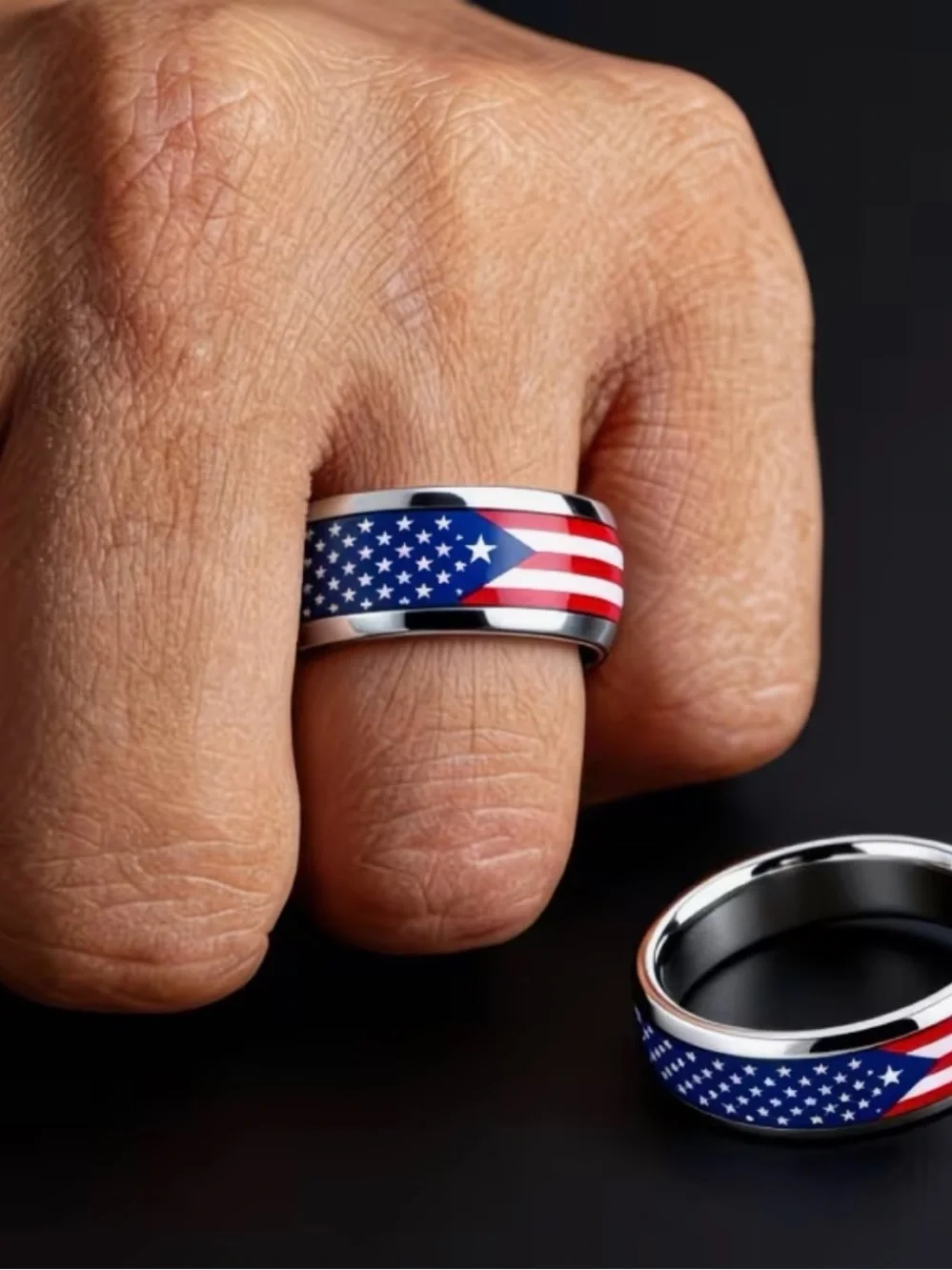 American Flag Tungsten Stainless Steel Patriotic Ring USA Red, White, Blue